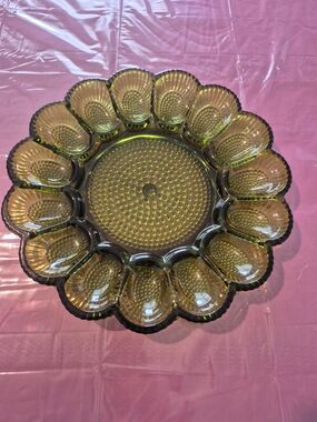 Vintage Indiana Glass Hobnail Olive Green Egg and Relish Plate, Avocado Round
